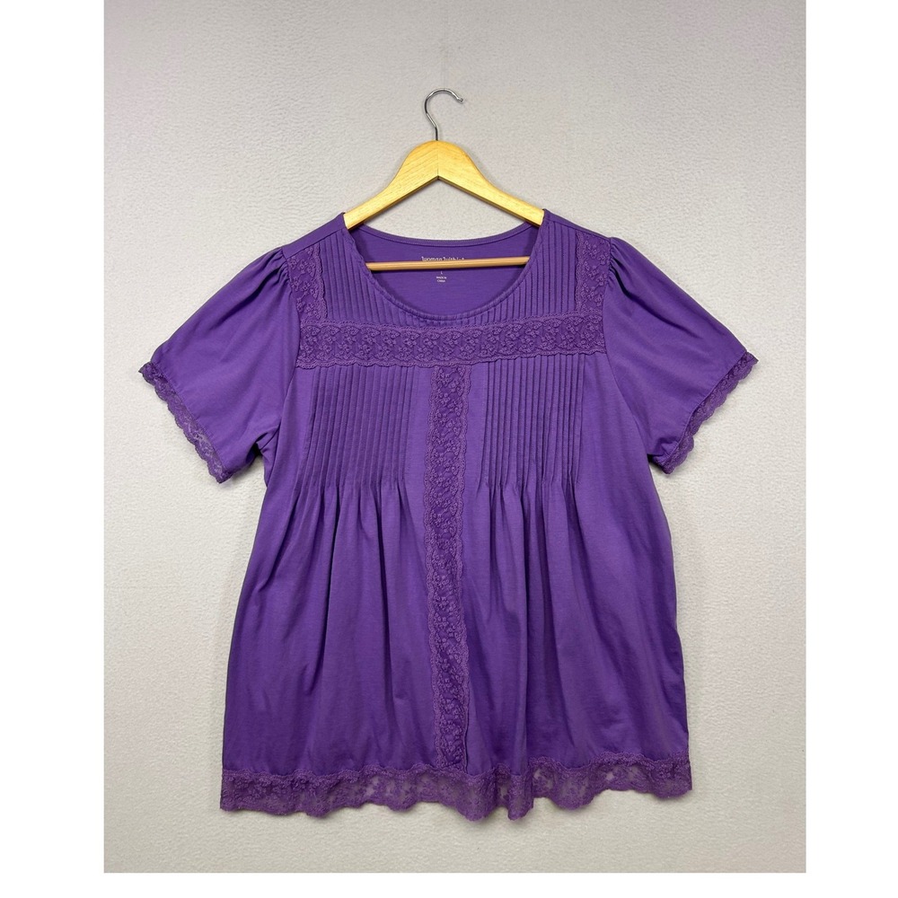 Cottagecore Boho Woman Within Women L 18/20 Purple Lace Trim Pintuck Blouse